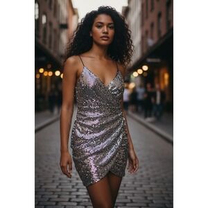 Ruched Mini Dress Silver Spaghetti Strap V-Neck XS Glam Festival Rave‎ Y2K Disco